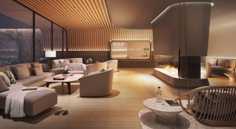 Warm, tranquil spa lounge with slatted wooden walls and ceiling, comfortable low seating, soft ambient lighting, and a central modern fireplace, best interior designers in Paris