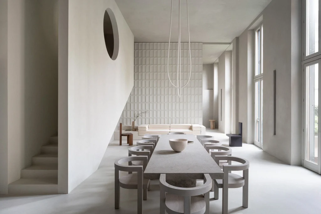 Bright Mediterranean-style lounge opening through arched doorways to a sunlit terrace, decorated with blue accents and patterned curtains. top interior design firms in milan