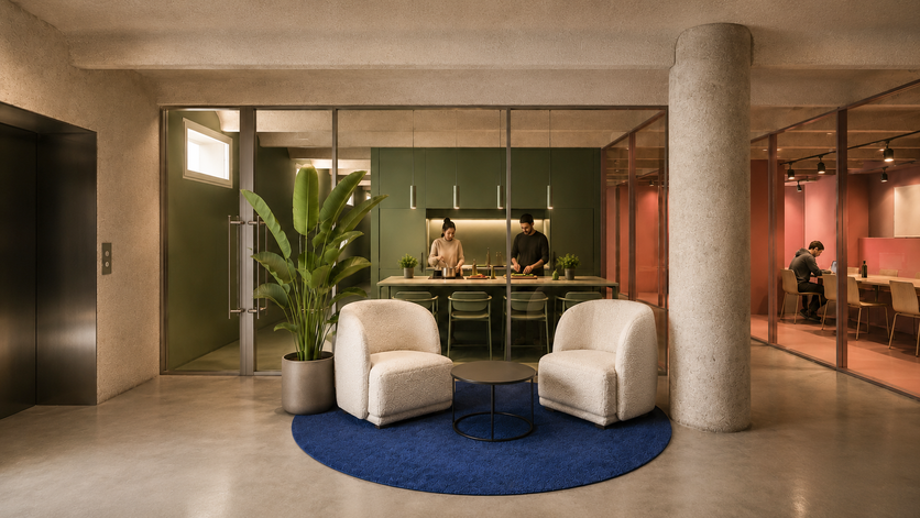 Communal interior space featuring a circular blue rug with two white armchairs, positioned in front of a glass-enclosed kitchen area. top interior design firms in milan