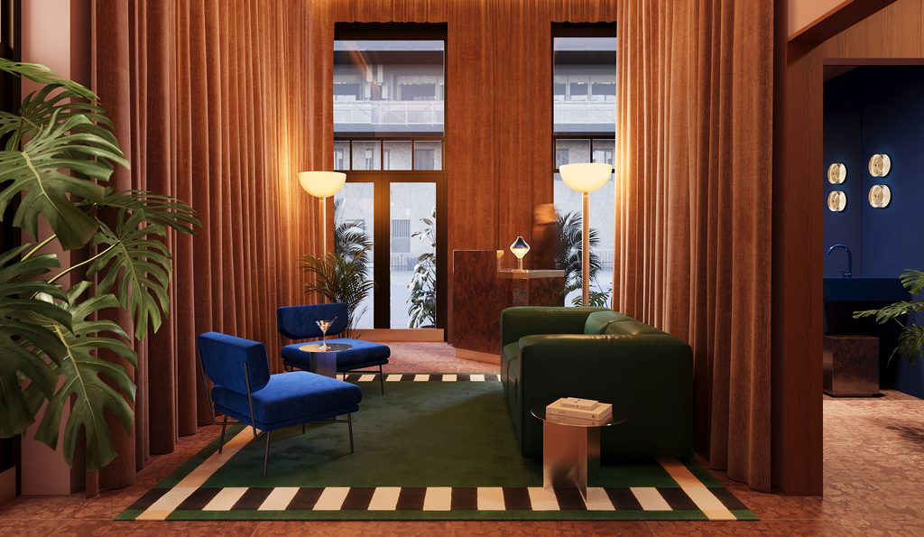 Stylish lounge space with warm orange drapery, a dark green sofa, blue armchairs, and a geometric green-and-white area rug. top interior design firms in milan