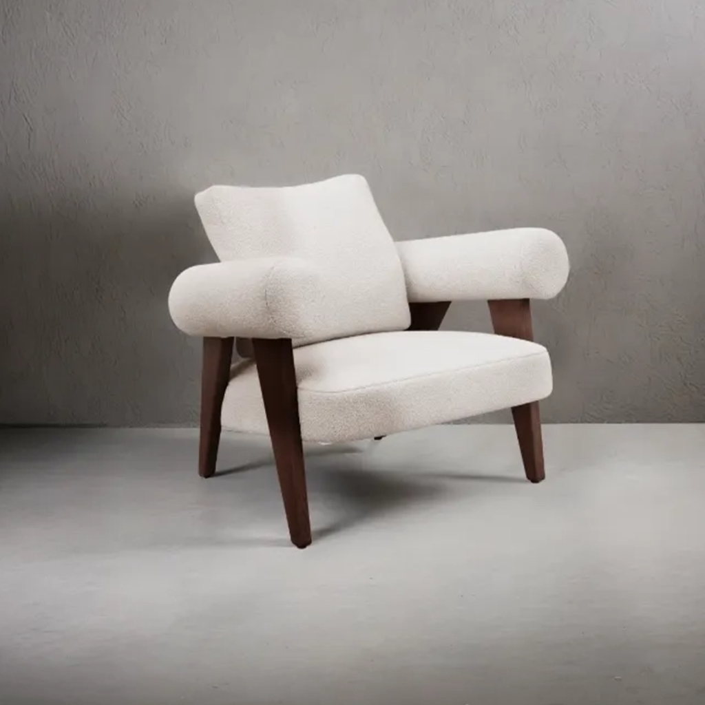 Modern Armchair featuring bouclé furniture with curved lines and neutral tones