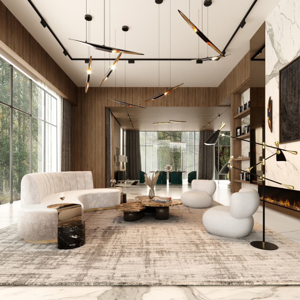 Modern living room featuring bouclé furniture with curved lines and neutral tones