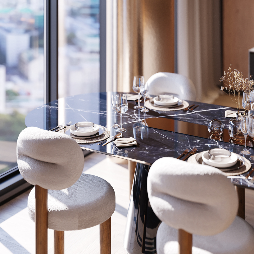 Elegant dining room featuring a bouclé Henry dining chair, warm wooden accents, and soft lighting