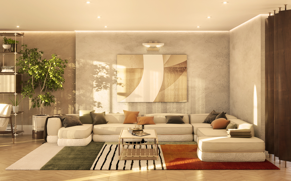 Warm, modern living room featuring a large modular sectional sofa and neutral decor.