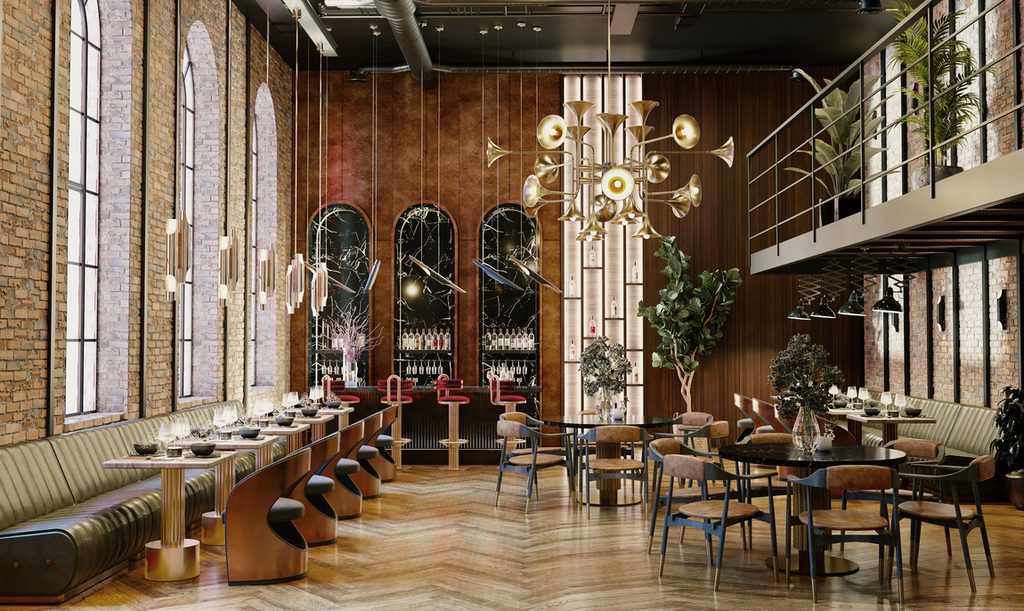 Industrial-style restaurant or bar with exposed brick walls, high ceilings, luxury furniture, and a grand golden trumpet-shaped chandelier.