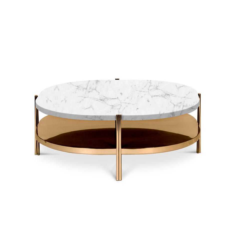 Modern round coffee table featuring a white marble top and a gold metal frame with a lower shelf.