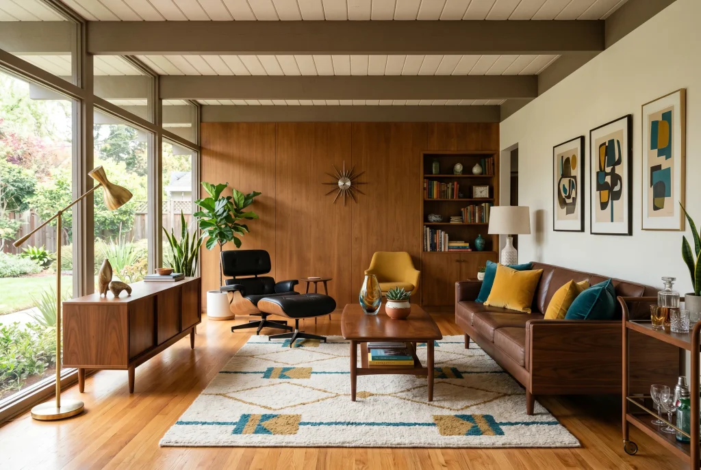 Mid-century modern living room with a brown leather sofa, black Eames lounge chair, wooden furniture, and exposed beam ceiling.