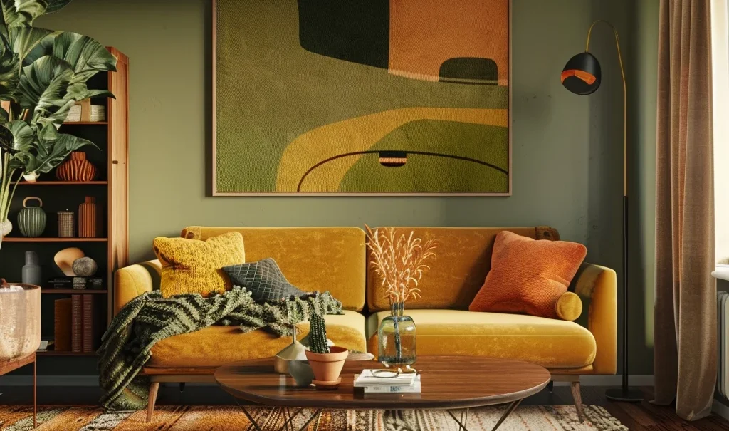 "Cozy living room with a mustard yellow sofa, orange cushions, abstract wall art, and green walls."