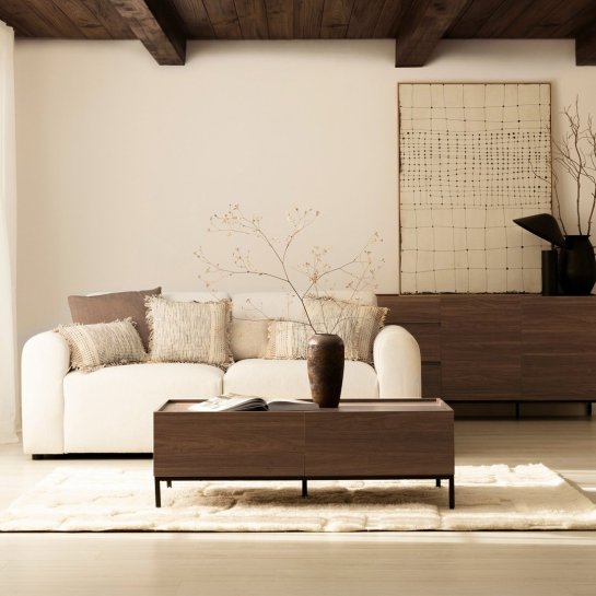 Cozy interior living room setup with a cream sofa and wooden coffee table.
