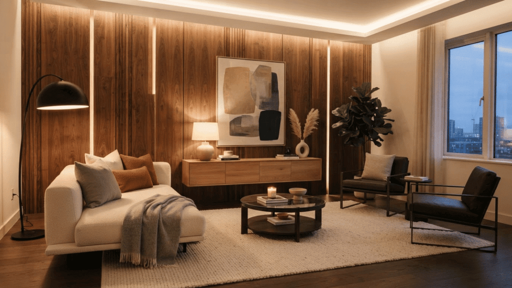 Warm, modern living room with wood paneling and indirect lighting