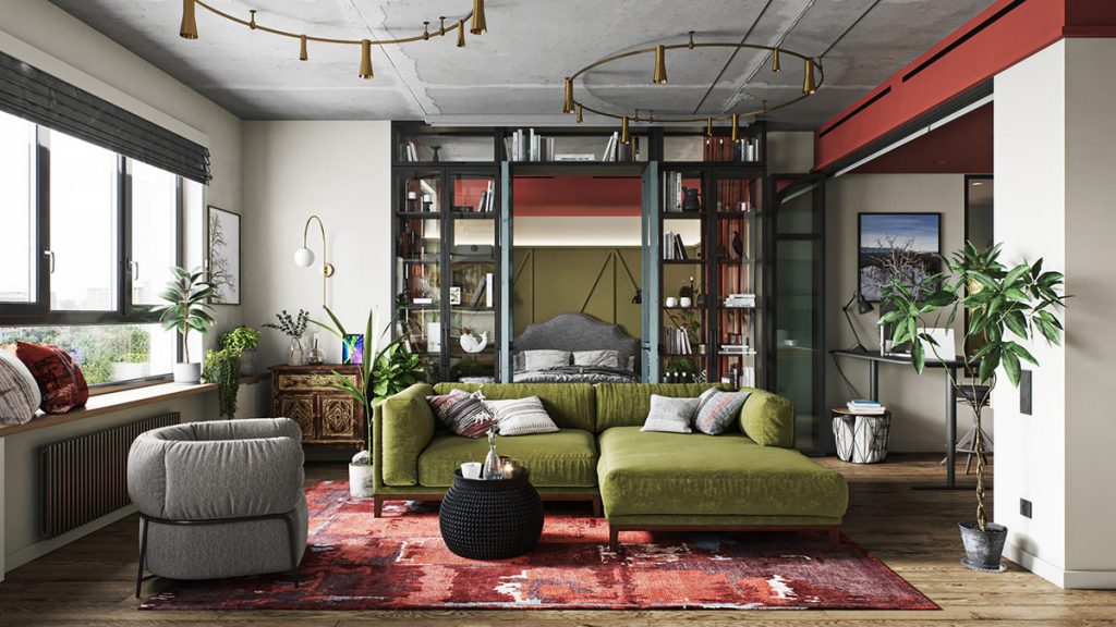 red and green eclectic living room 1024x576
