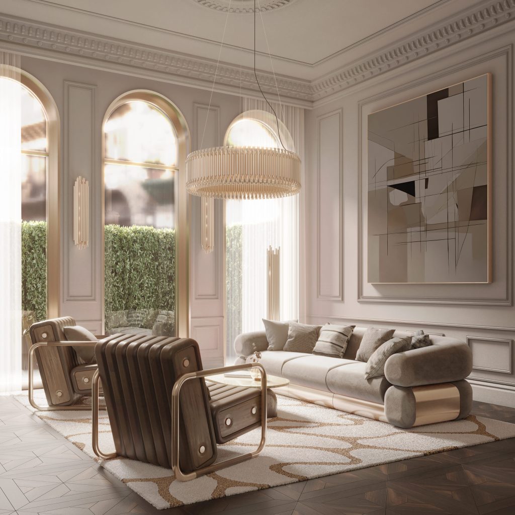 mid-century modern living room with a plush grey sofa and armchairs and modern art   mid century modern living room with a plush grey sofa and armchairs and modern art 1 1024x1024